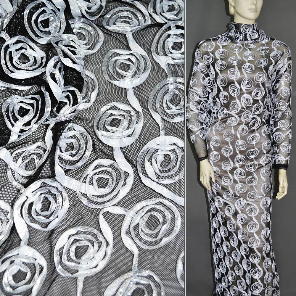 Сітка стрейч чорна з білими квітами, ш.140