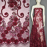 Сітка бордова з вишитими квітами і паєтками 2-ст. купон ш.120