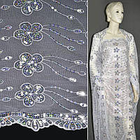 Сітка біла з вишитими квітами і срібними паєтками, ш.130