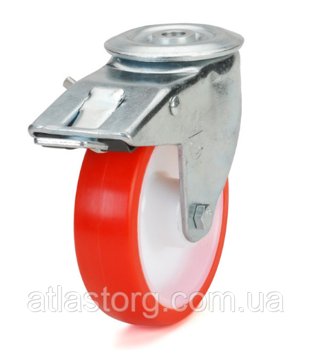 Колеса поліамід/червоний поліуретан, діаметр 80 мм, з поворотним кронштейном з отвором, фіксатором