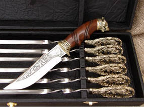 Набір шампурів із бронзовими ручками "Волоча стая" з ножем у кейсі
