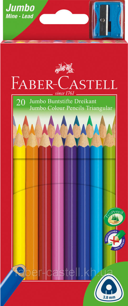 Олівці кольорові потовщені Faber-Castell JUMBO Triangular Junior, 20 кольорів тригранні + точилка, 116520