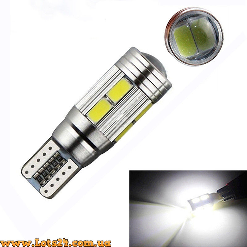 Автолампа з лінзою W5W T10 10 LED CANBUS 6000 K габарити світлодіодні + обманки від помилок