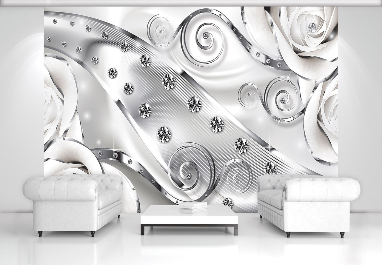 Фото шпалери 3д квіти абстракції на стіну 368х254 см Білі бутони троянд та діаманти (2613P8)+клей