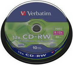 Диск CD Verbatim CD-RW 700Mb 12x Cake box 10шт (43480)