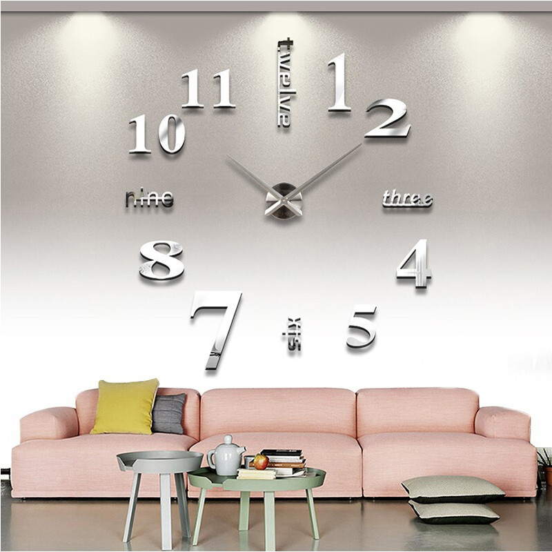 Великий безкаркасний годинник на стіну 3D DIY Clock 70-150см 001S (Слова срібло)