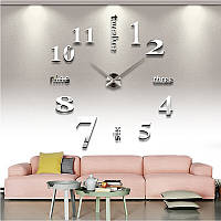 Большие бескаркасные настенные 3Д часы 3D DIY Clock часы 70-150см 001S (Слова серебро)