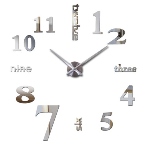 Великі Дизайнерські настінні 3Д годинники 3D DIY Clock від 50 до 120см (Англійські Слова 001Ss) Срібло