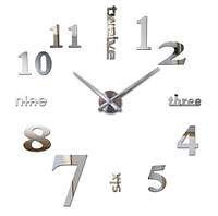 Великі Дизайнерські настінні 3Д годинники 3D DIY Clock від 50 до 120см (Англійські Слова 001Ss) Срібло