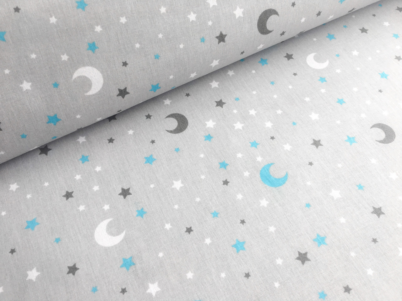 Польская хлопковая ткань "Месяцы, звезды голубые на сером" - фото 1 - id-p671780321