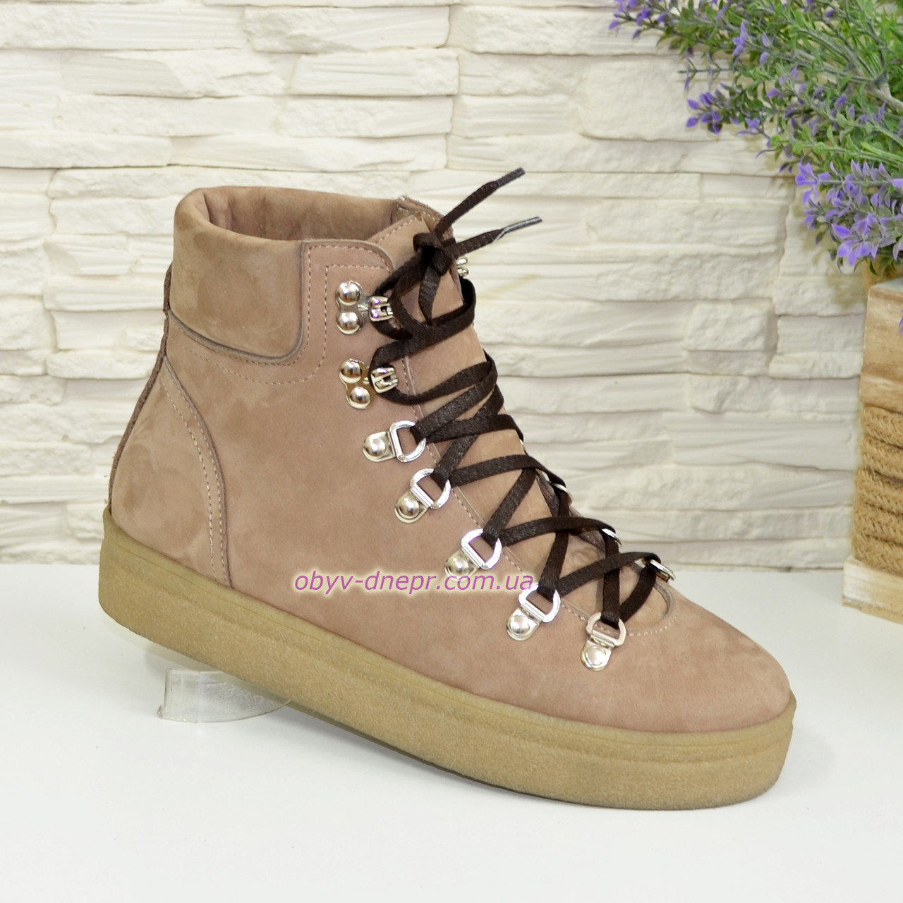 Черевики бежеві жіночі на товстій підошві, натуральна шкіра нубук, фото 1