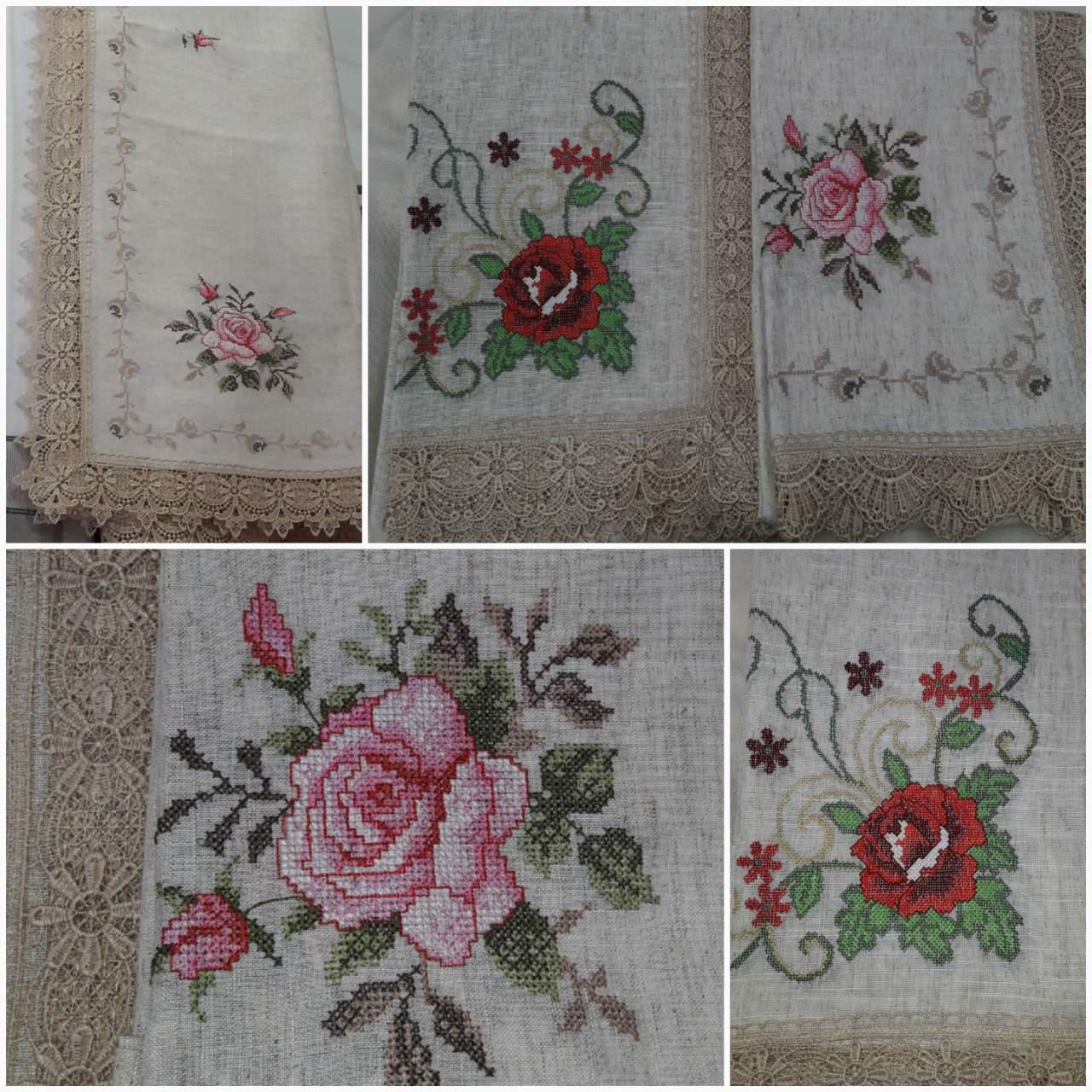 Вишита скатертина з багатим мереживом, натуральний льон, 150х220 см
