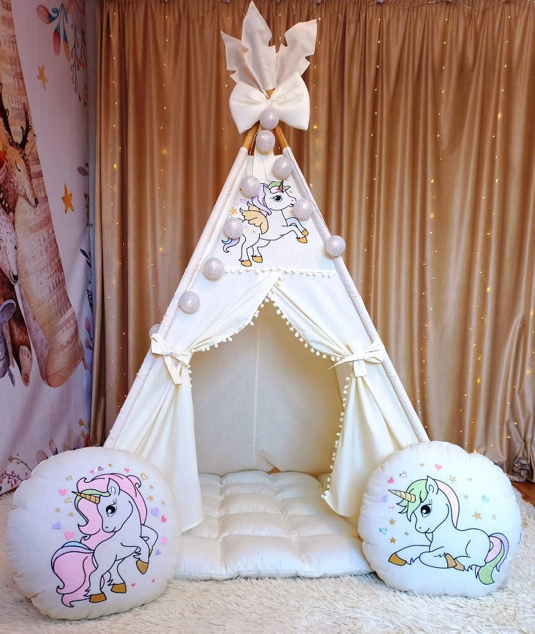 

Палатка БОН БОН Вигвам для детей Цветние единорожки на молочному Полный комплект !