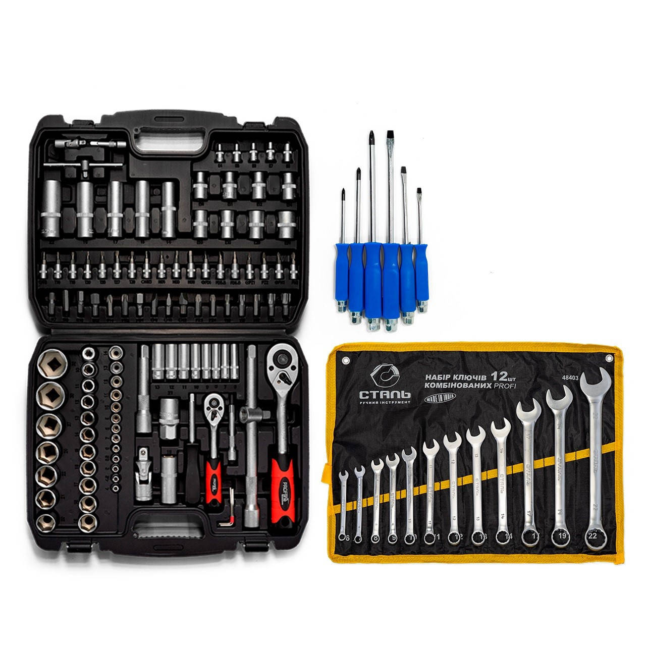 

Набор инструментов 108 ед. + набор ключей на полотне 12 ед. + Набор ударных отверток 6 шт. Profline