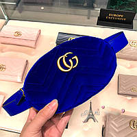 Женская бархатная поясная сумка на пояс в стиле Gucci (Гуччи) синяя (электрик)