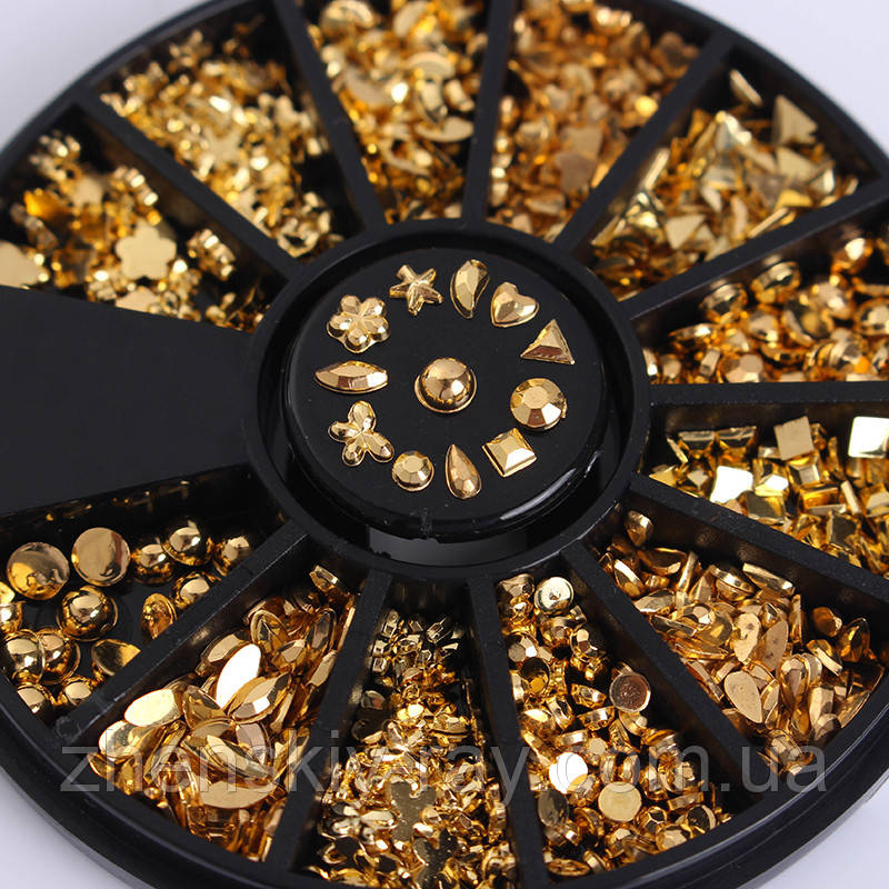 Стрази для нігтів у карусельці різних форм (золото)