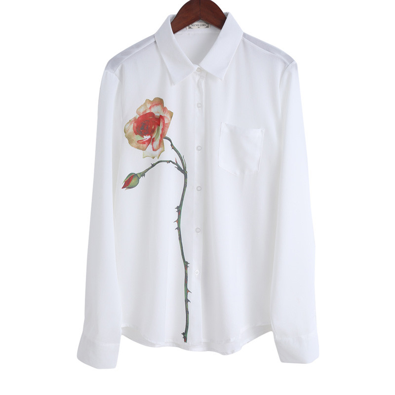 Женская белая блуза-рубашка шифон длинный рукав с принтом "РОЗА" - фото 7 - id-p441657298