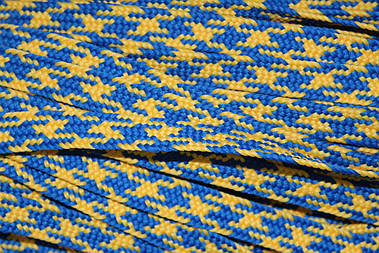 Тасьма поліестер ПЕ жовтий+синій(волошка) 12мм шнур плоский моток 100м