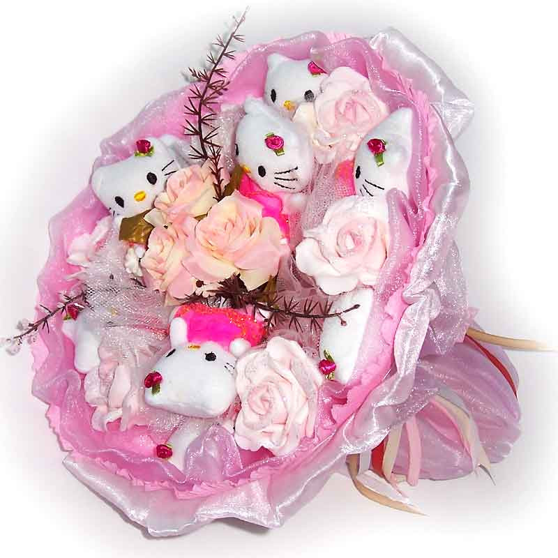 Букет із м'яких іграшок Котики Хеллоу Кітті 9 у малиновому