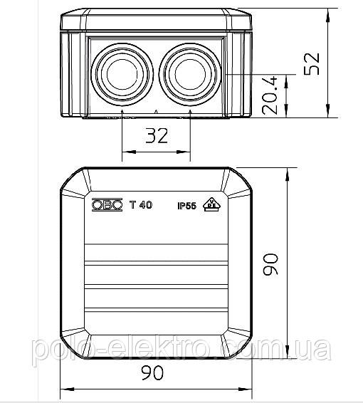 Габаритні розміри Коробка розгалудження 90х90х52 ІР55 ОВО