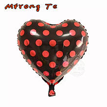 Фольгированный воздушный шар сердце черное в красный горошек 43*48 см
