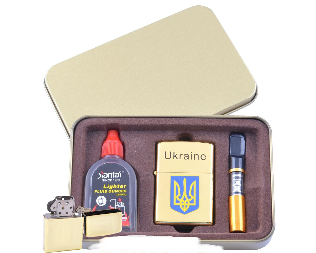 Запальничка бензинова в подарунковій коробці (Балончик бензину/Мундштук) Герб України, фото 1