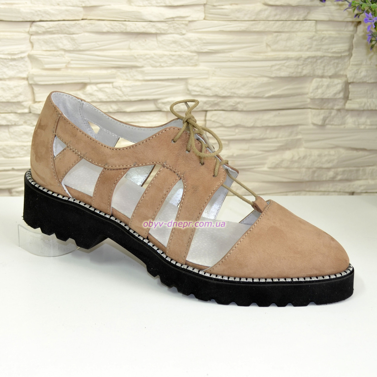 Жіночі відкриті бежеві туфлі на шнурівці, натуральна шкіра нубук, фото 1