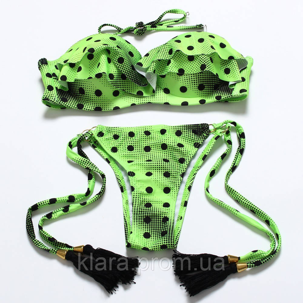 Качественный женский купальник светло-зеленого цвета в черный горох на завязках с кисточками, размер S, M - фото 4 - id-p673730538