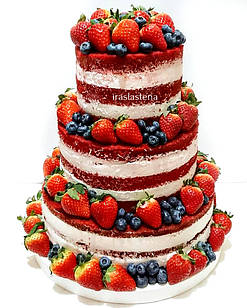 Кращий весільний торт "Naked cake" з ягодами, фруктами і квітами Червоний оксамит