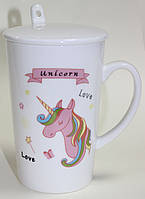 Кружка керамічна Єдиноріг з кришкою і ложечкою, рожева 350 мл