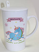Кружка керамічна з кришкою і ложкою, блакитний єдиноріг, 350 мл