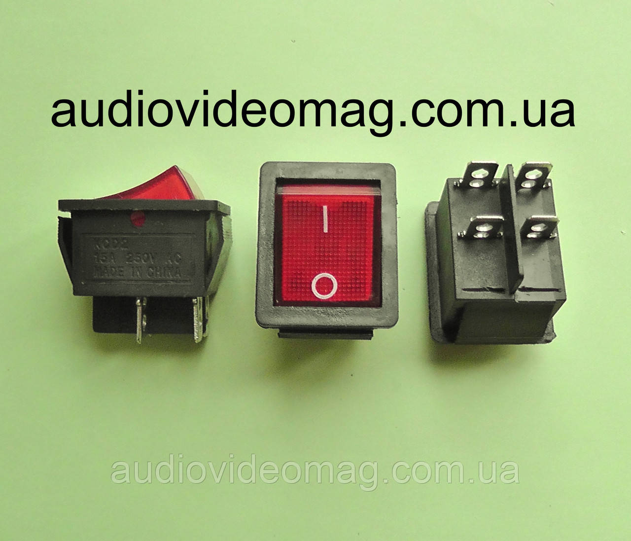 Перемикач клавішний 28.5 х 22 мм, 250V 15А, колір клавіши - червоний, фото 1