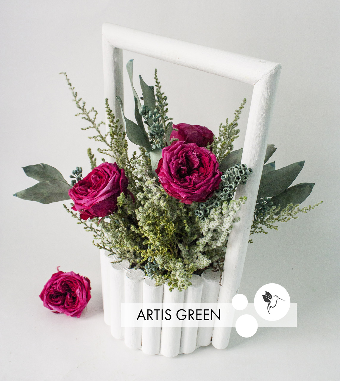 Настільна композиція "Cherry Rose" з стабілізованих троянд і рослин "Artis Green", S53, фото 1