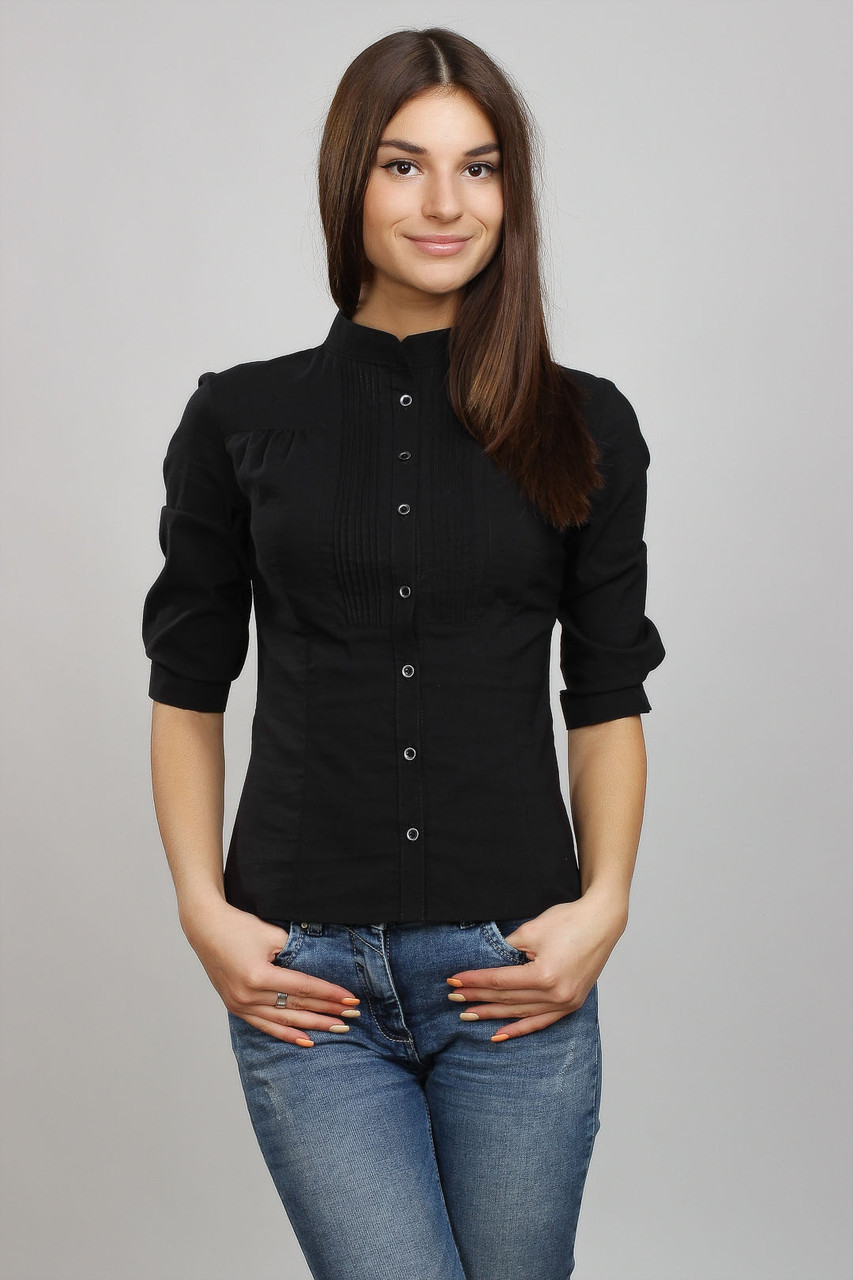 Блуза офісна чорна з рукавом 3/4, комір-стійка Р101, фото 1