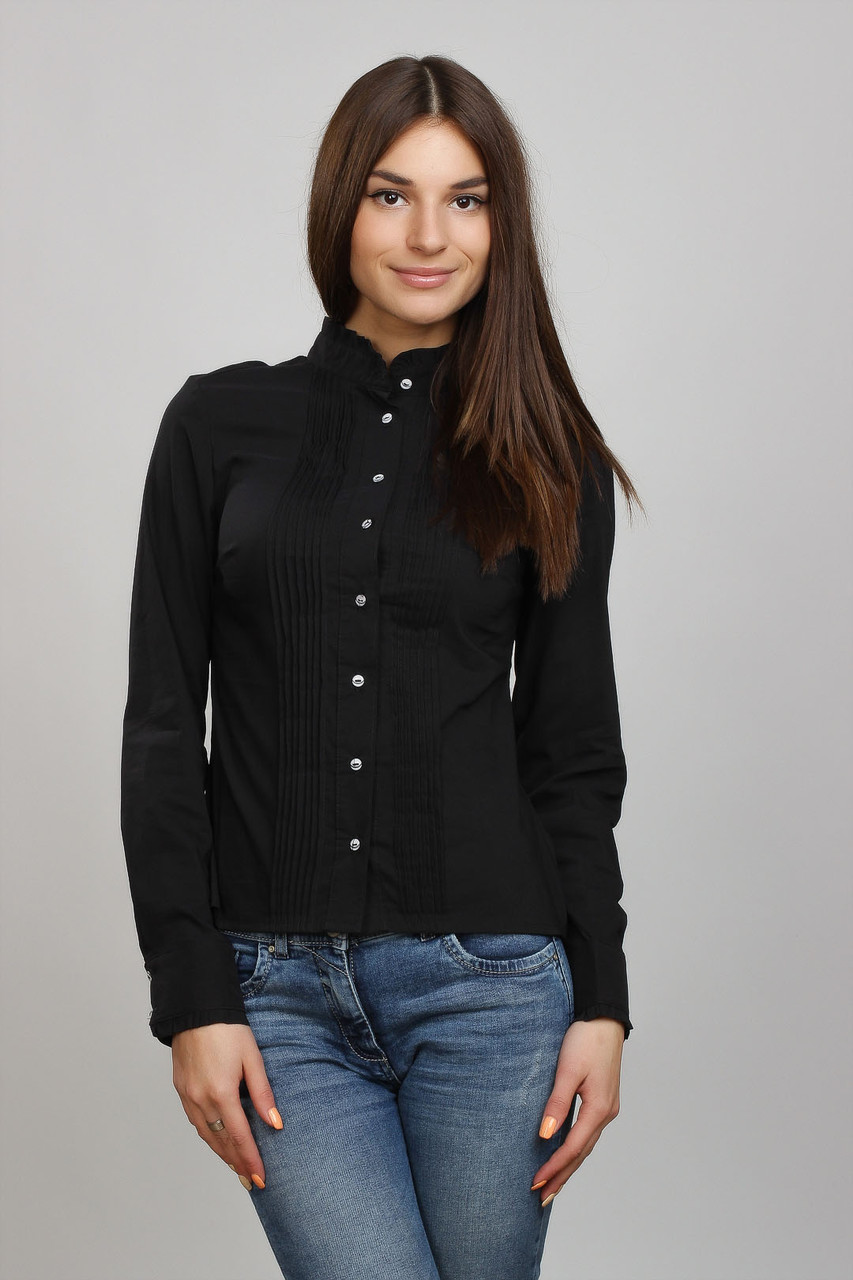 Блуза жіноча чорна, комір-стійка з рюшами Р104, фото 1