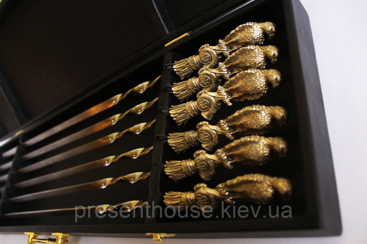 Набір шампурів ручної роботи "Птахи" 6шт, в кейсі зі шкірозамінника., фото 1