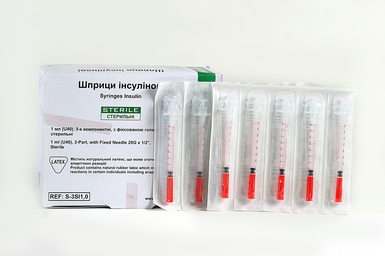Шприц інсуліновий одноразовий 1 мл / 3-х комп. / (U-40) / інтегр. голка G29 (0,33 * 13) / Medicare (100 шт /