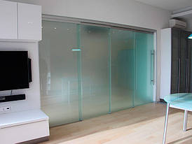 Скляні розсувні двері для дому з матового скла з зачепами