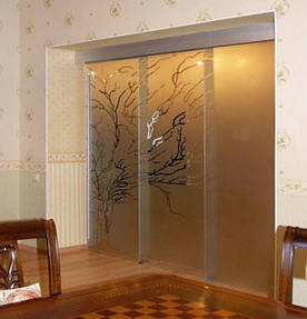 Скляні розсувні двері з прозорого скла з матовим малюнком і зачепами