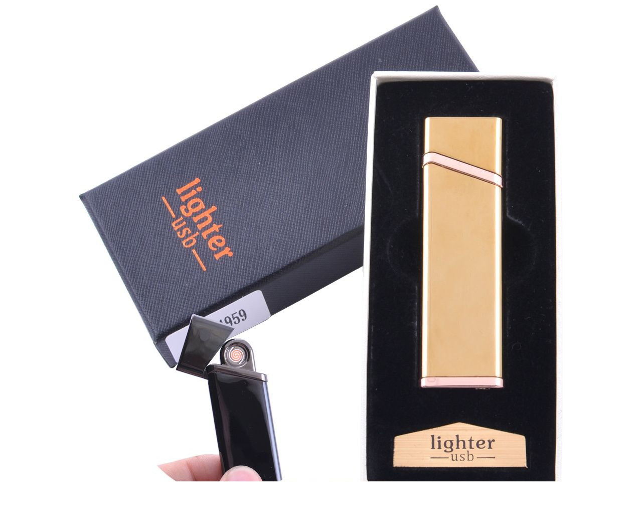 USB зажигалка золотого цвета в подарочной упаковке Lighter (Спираль накаливания) - фото 1 - id-p674785481