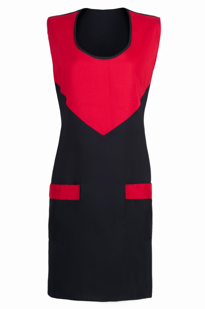 Фартух робочий для продавця на зав'язках, подвійний, для жінок, з кишенями, габардин "Трикутник"чорно червоний