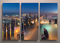 Картина модульная Дубаи в облаках, Ночной город, Городской пейзаж, печать на холсте 90х60 из 3х частей