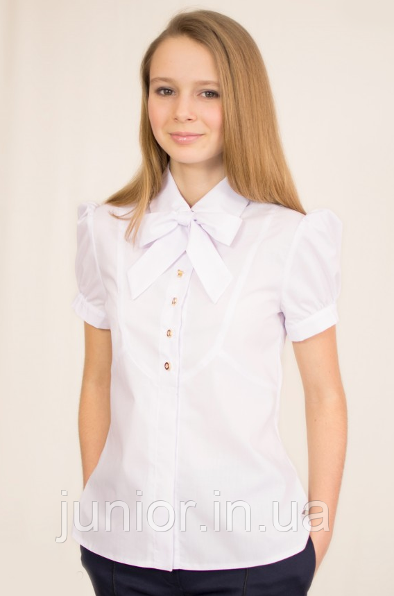 Біла шкільна блузка з брошкою бантом.Бавовна  146р