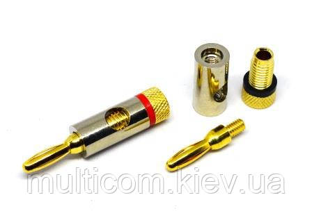 01-04-007RD. Штекер акустичний "Banan" 4мм під кабель, корпус метал, silver-gold, червона смуга