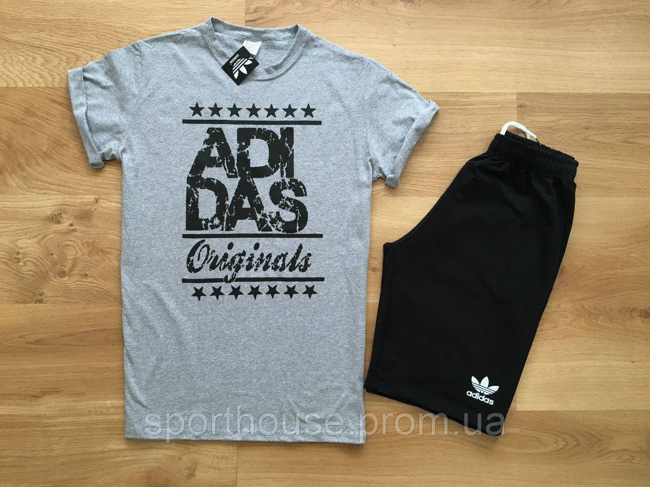 Чоловічий комплект футболка + шорти Adidas сірого і чорного кольору (люкс) S