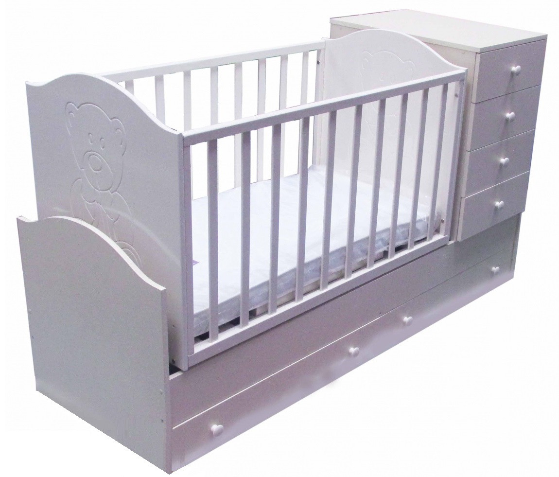 Дитяче ліжечко-трансформер з комодом, ящиками і маятником 3 в 1 "Міша зі стразами" Angel baby біла, фото 1