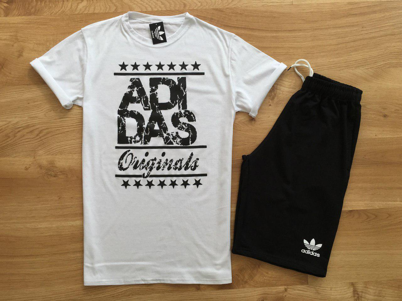 Чоловічий комплект футболка + шорти Adidas білого і чорного кольору (люкс) S