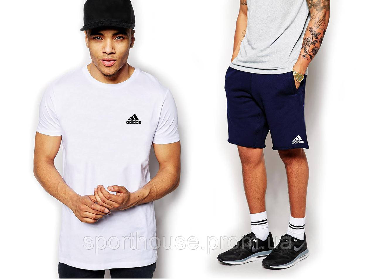 Чоловічий комплект футболка + шорти Adidas білого і синього кольору (люкс) S