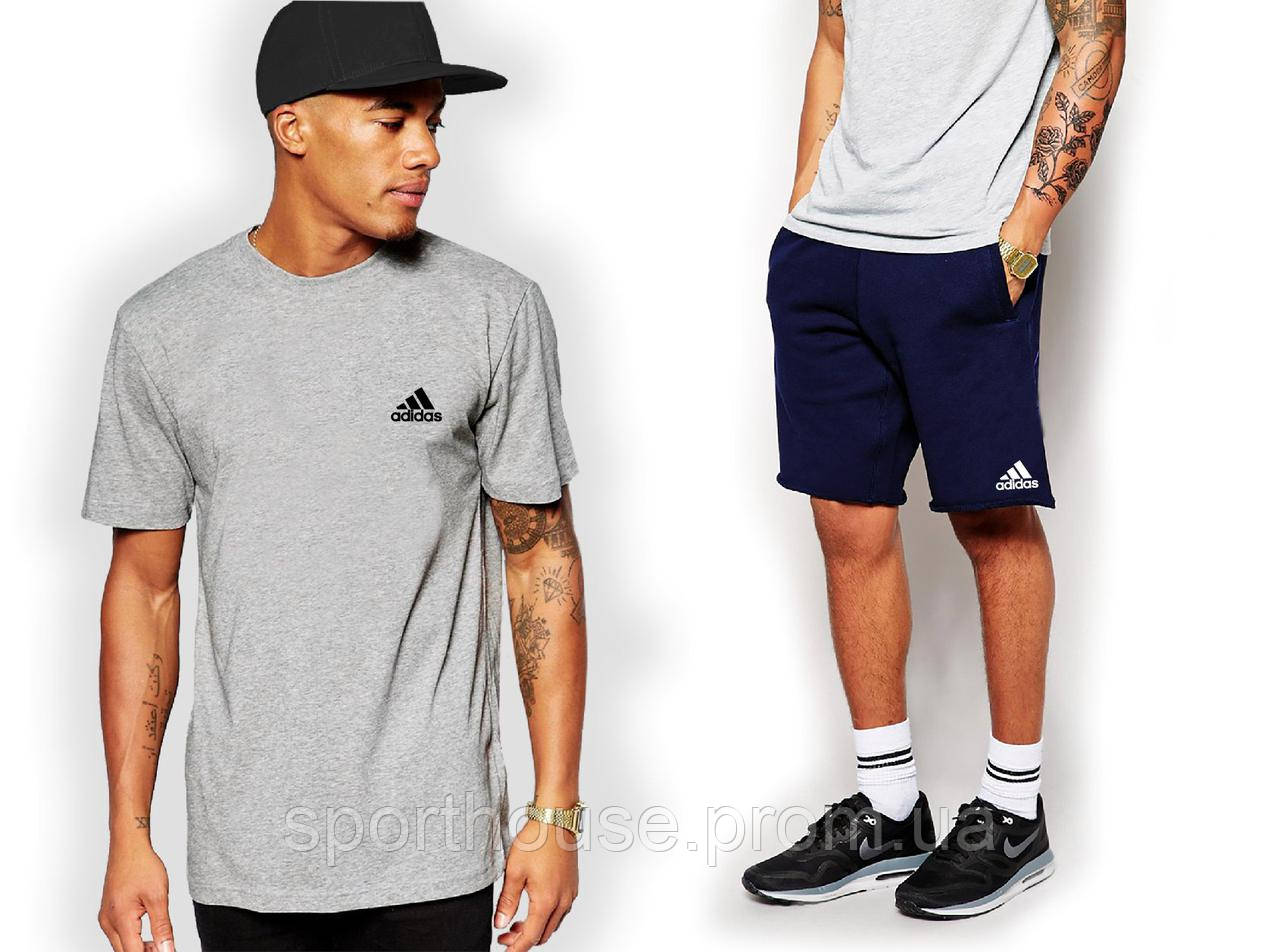Чоловічий комплект футболка + шорти Adidas сірого і синього кольору (люкс) S