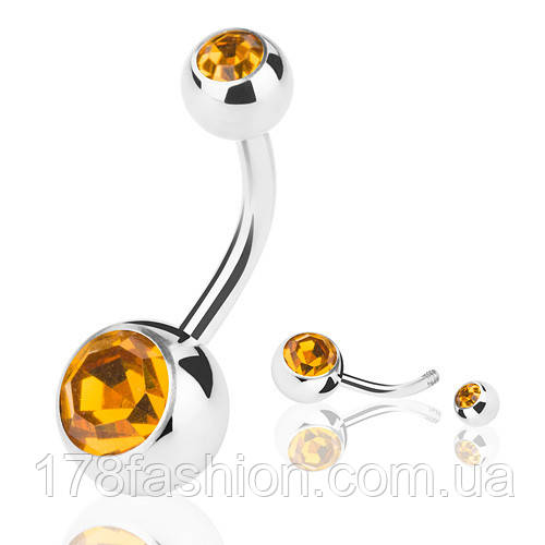 Сережок-банан для пірсингу пупка з верхнім і нижнім камінням золотого кольору, фото 1